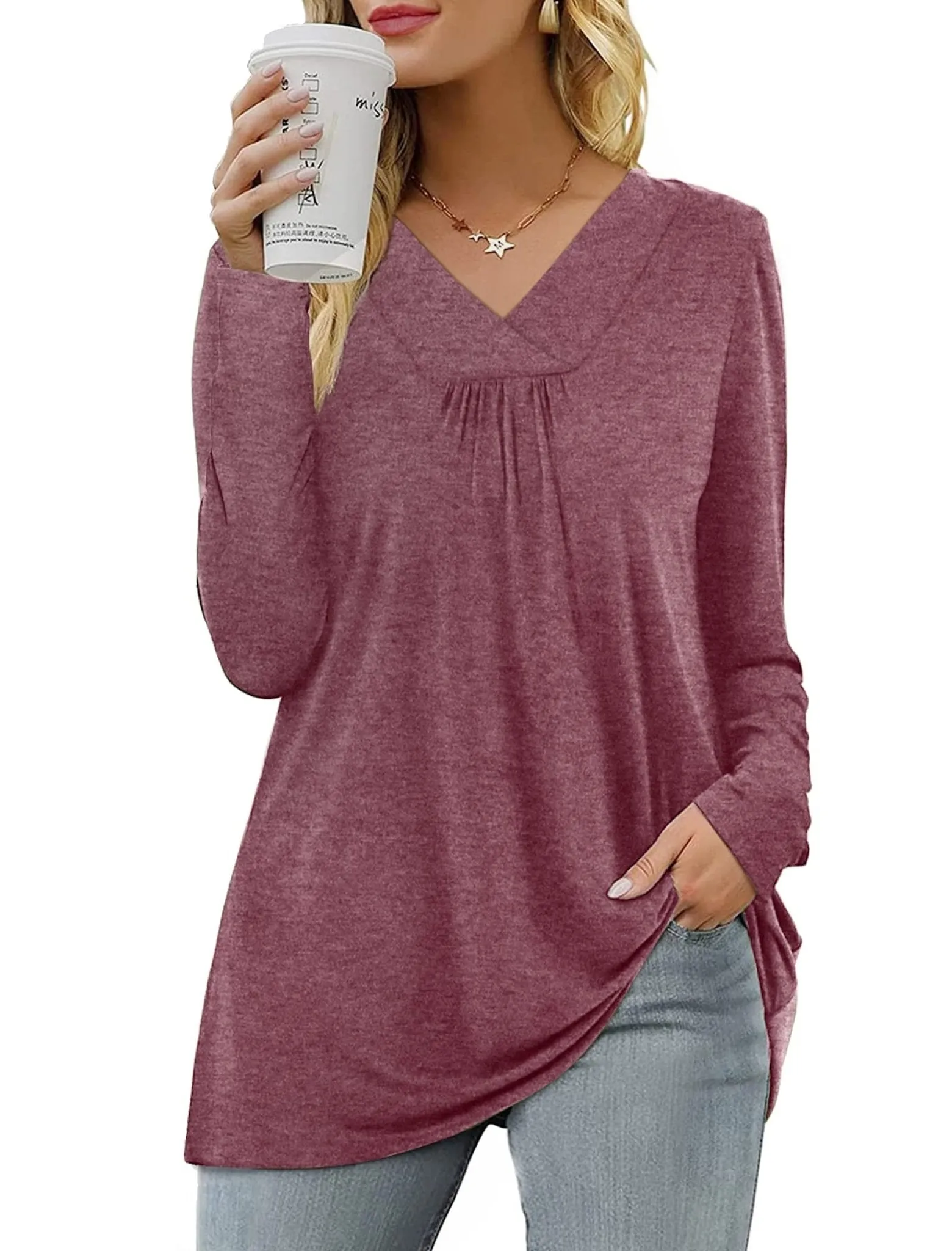 Women's Blouses Long Sleeve Pleated V Neck Blouse
