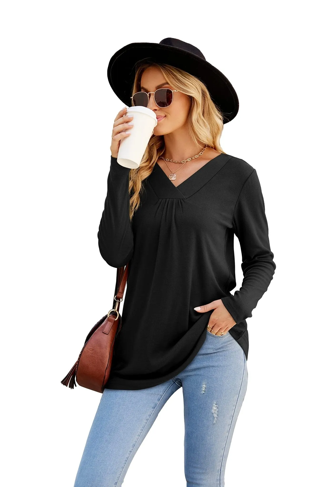 Women's Blouses Long Sleeve Pleated V Neck Blouse