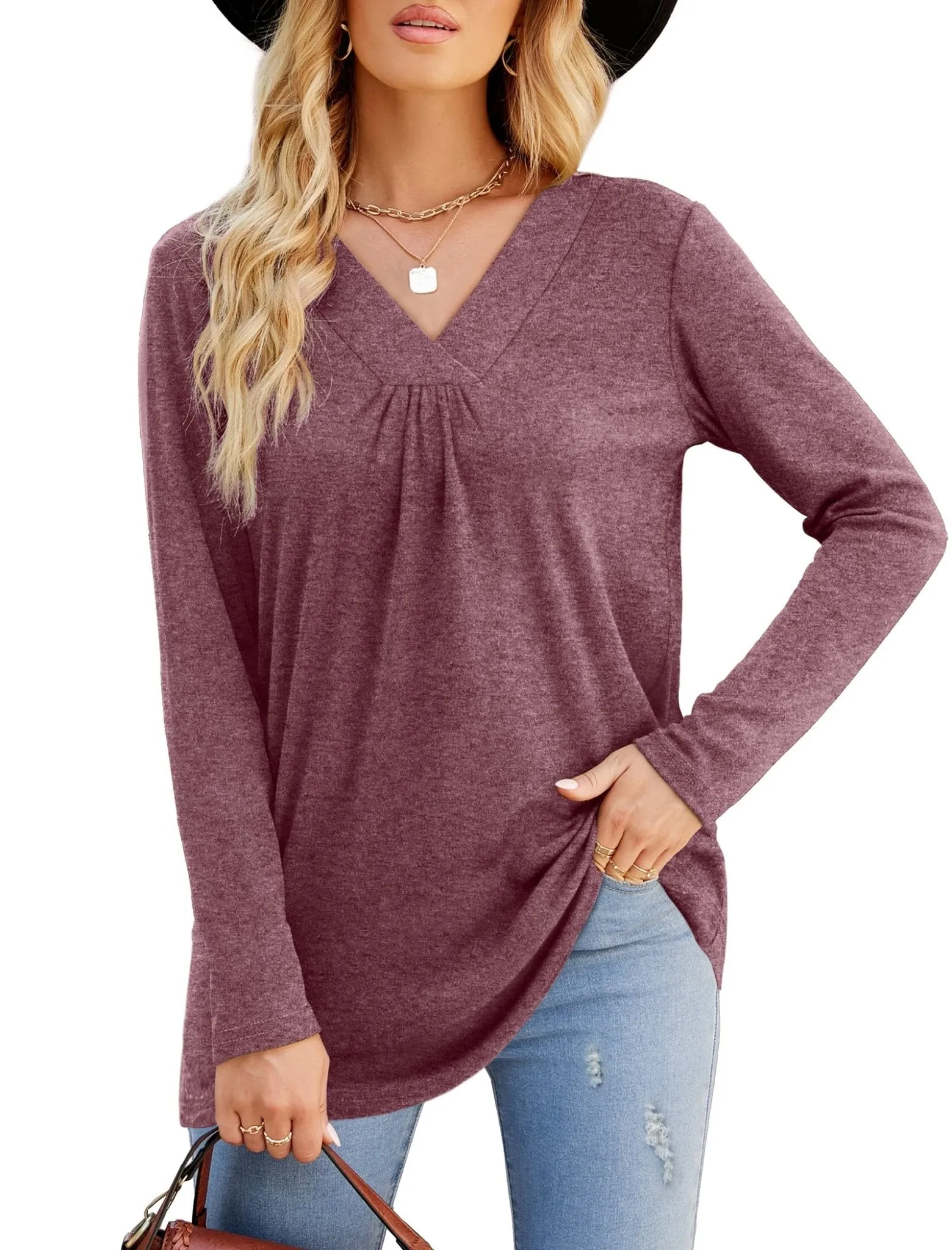 Women's Blouses Long Sleeve Pleated V Neck Blouse