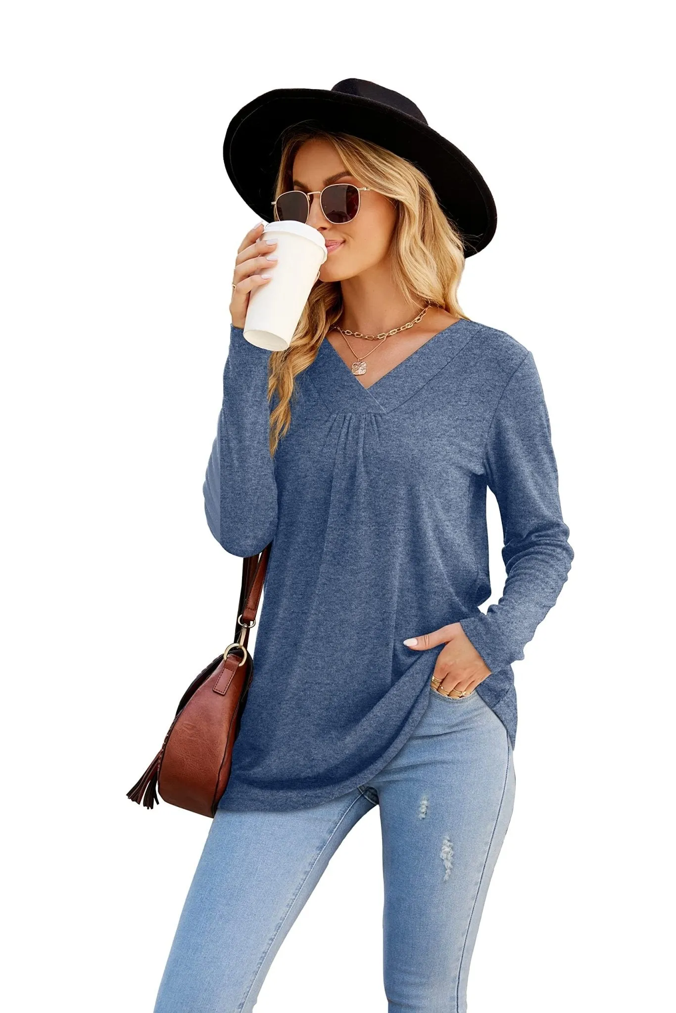 Women's Blouses Long Sleeve Pleated V Neck Blouse