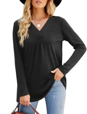 Women's Blouses Long Sleeve Pleated V Neck Blouse