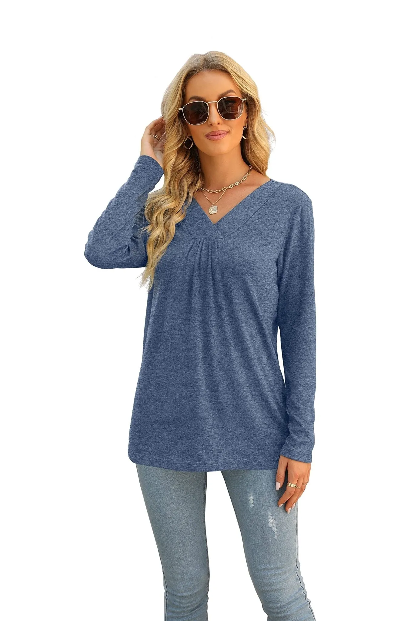 Women's Blouses Long Sleeve Pleated V Neck Blouse