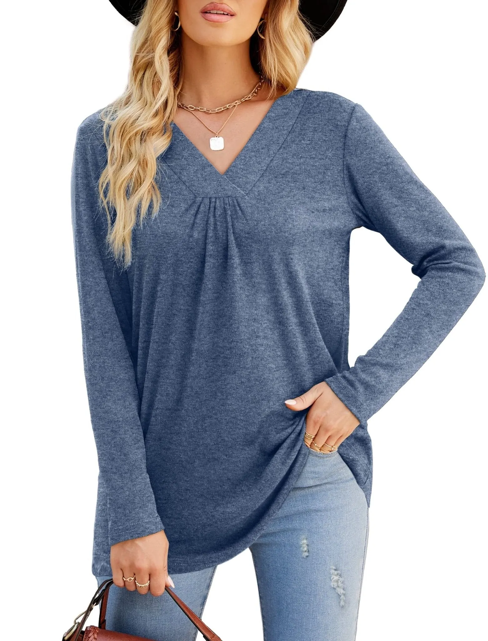 Women's Blouses Long Sleeve Pleated V Neck Blouse
