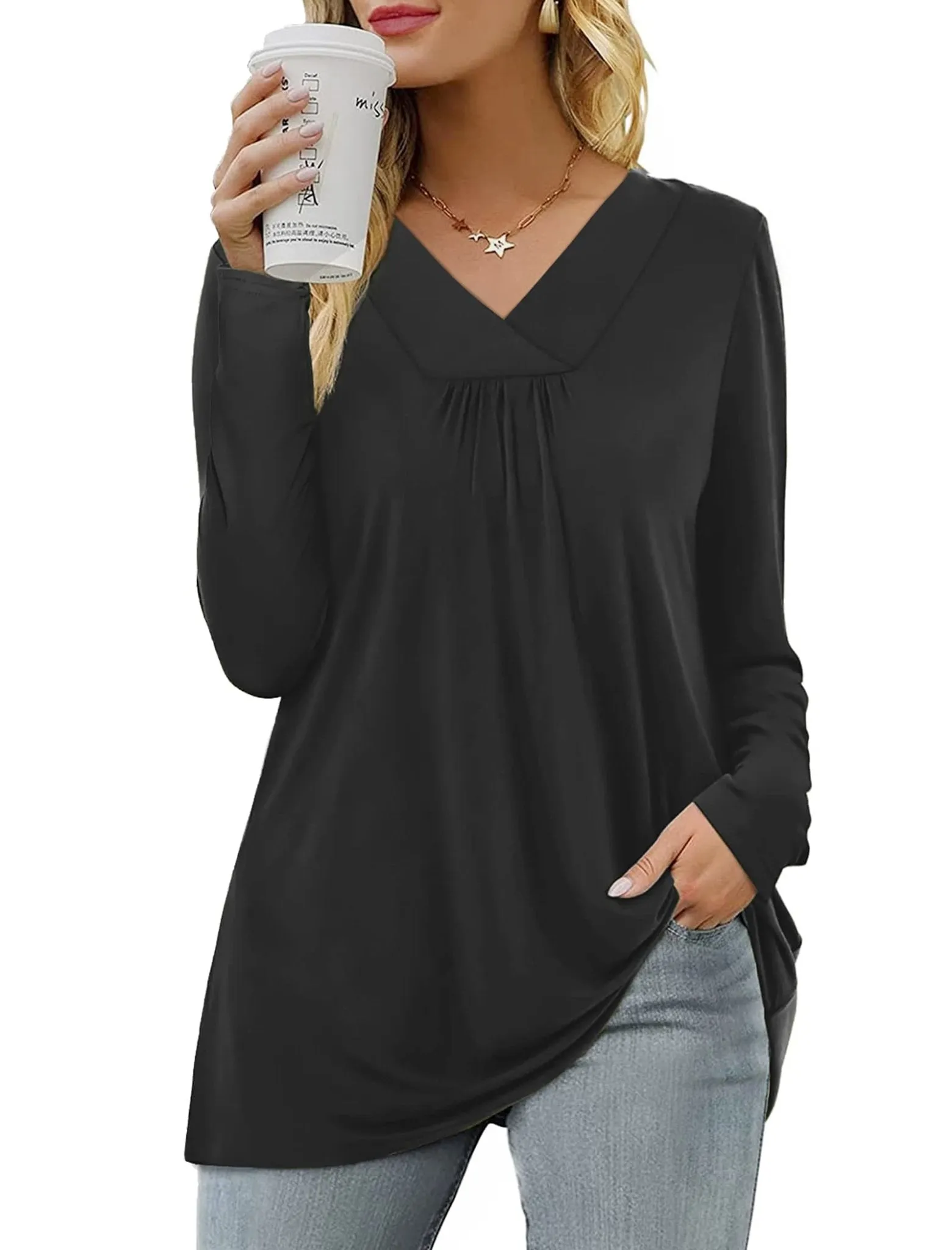 Women's Blouses Long Sleeve Pleated V Neck Blouse