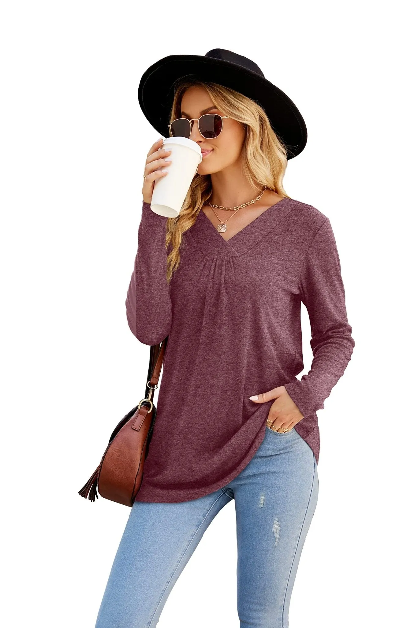 Women's Blouses Long Sleeve Pleated V Neck Blouse