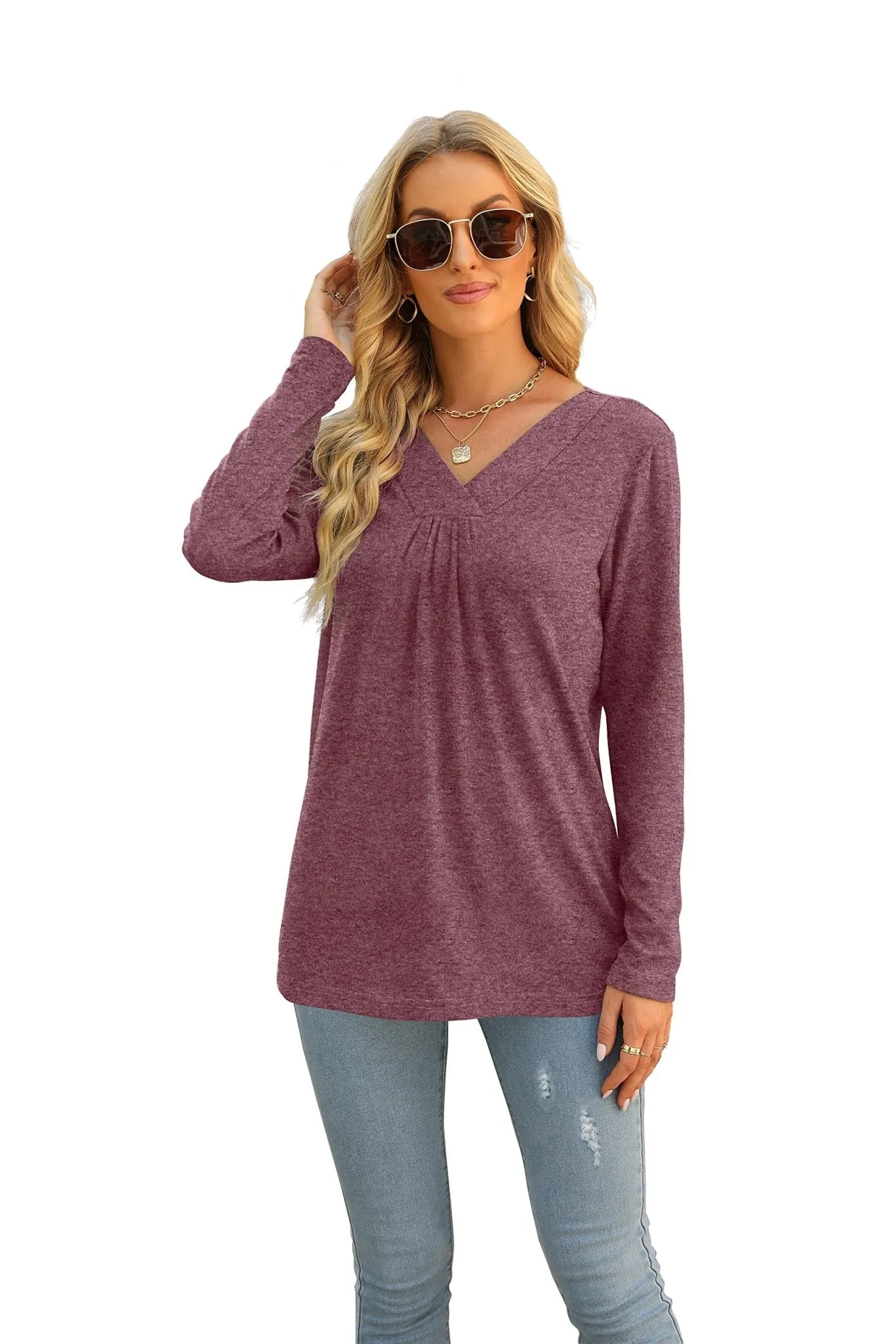 Women's Blouses Long Sleeve Pleated V Neck Blouse