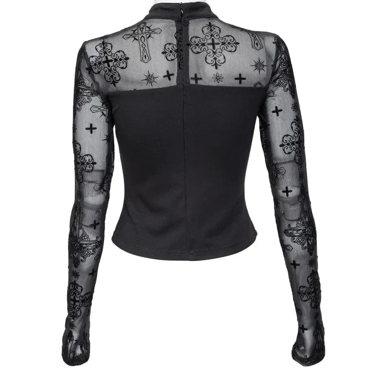 Women's Punk Cutout Flocking Mesh Shirt